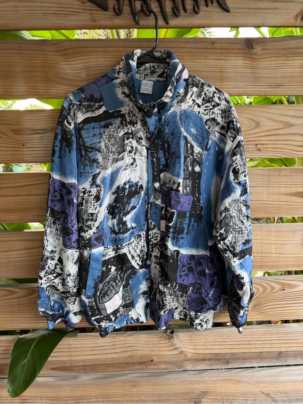 Vintage 100% silk Men's Abstract Print Windbreaker Jacket - Blue/Black/White